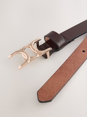 Chocolate Brown Statement Buckle Skinny Leather Belt - Image 4 of 5