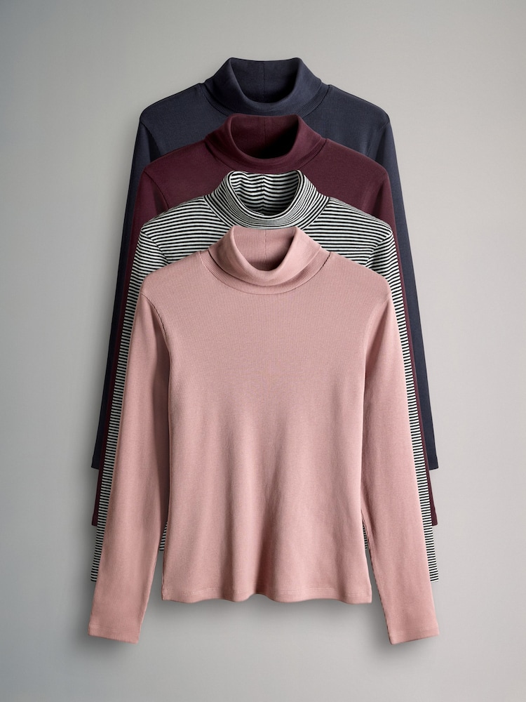 The Set Navy/Berry/Pink/Stripe 4 Pack Ribbed Roll Neck Long Sleeve T-Shirts - Image 1 of 7