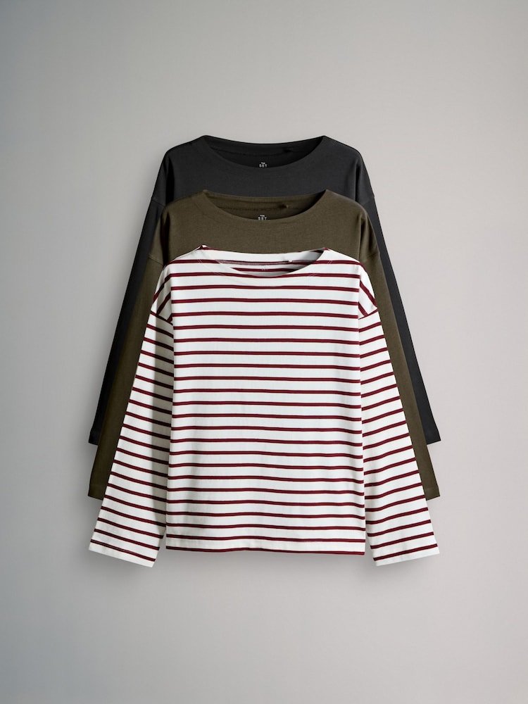 The Set Black/Stripe/Khaki 3 Pack Boat Neck Heavyweight T-Shirts - Image 1 of 6