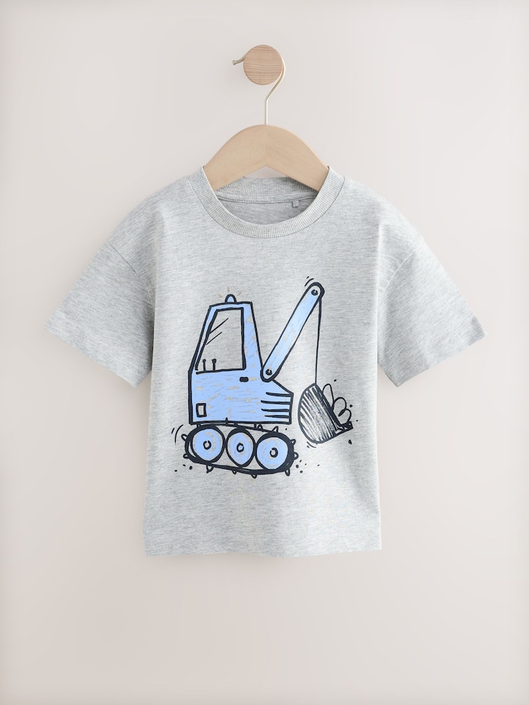Grey Marl Blue Digger Short Sleeve Transport T-Shirt (3mths-7yrs) - Image 1 of 4