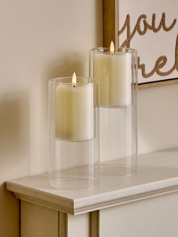 Unscented Clear Glass Pillar Set of 2 LED Candles - Image 1 of 3 Unscented Clear Glass Pillar Set of 2 LED Candles - Image 1 of 3