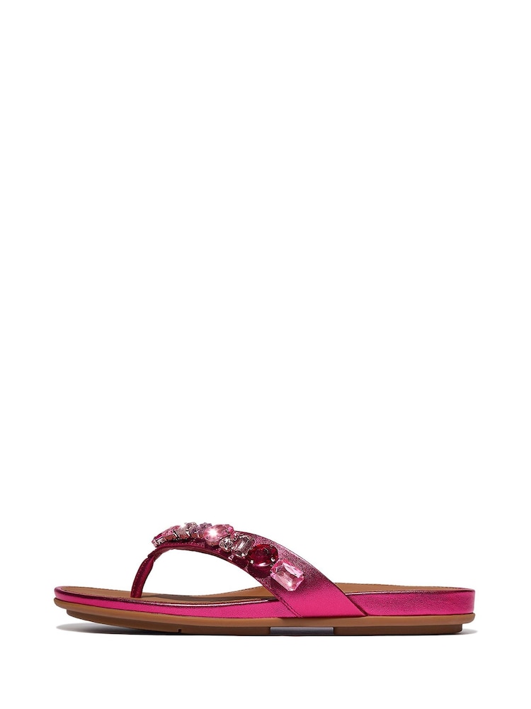 FitFlop Pink Gracie Jewel-Deluxe Metallic-Leather Flip Flops - Image 2 of 5