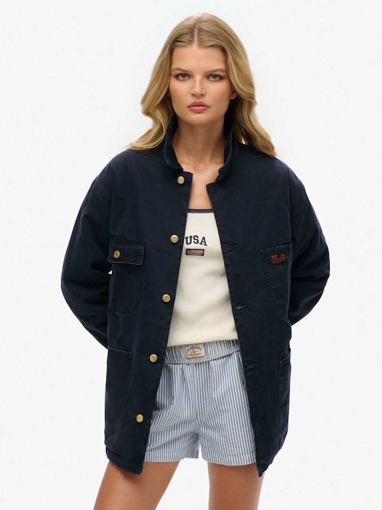 Superdry Blue Oversized Surplus Four Pocket Chore 100% Cotton Jacket - Image 1 of 6