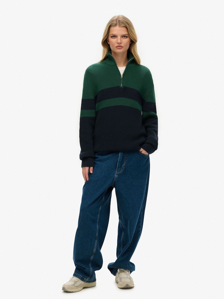 Superdry Blue Oversized 100% Cotton Classic Stripe Half-Zip Jumper - Image 3 of 5