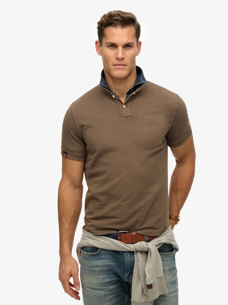Superdry Brown Vintage Destroy 100% Cottton Polo Shirt - Image 1 of 4