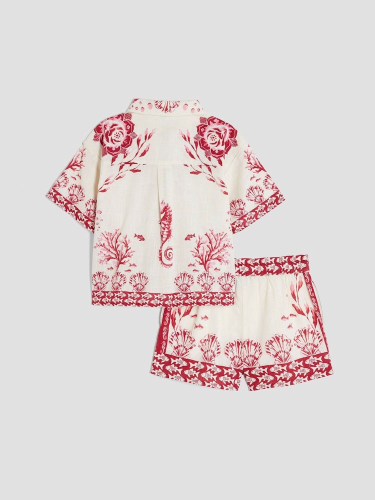 River Island Red Girls Border Printed 100% Cotton Shirt Set - Image 2 of 5