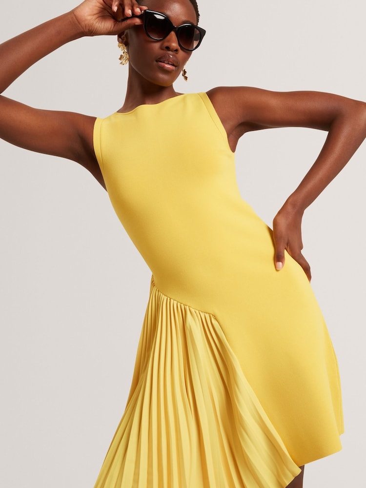 Ted Baker Yellow Jacara Sleeveless Knit Mini Dress With Pleat Panel - Image 2 of 7