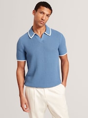 Ted Baker Blue Open Neck Sachair Waffle Stitch Polo Shirt - Image 1 of 8