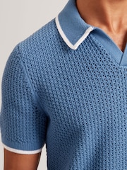Ted Baker Blue Open Neck Sachair Waffle Stitch Polo Shirt - Image 6 of 8
