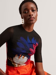 Ted Baker Black Ilussa Printed Mesh Half Sleeve Top - Image 4 of 8