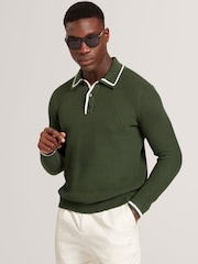 Ted Baker Green Brucei Waffle Stitch Knit Polo Shirt - Image 1 of 7
