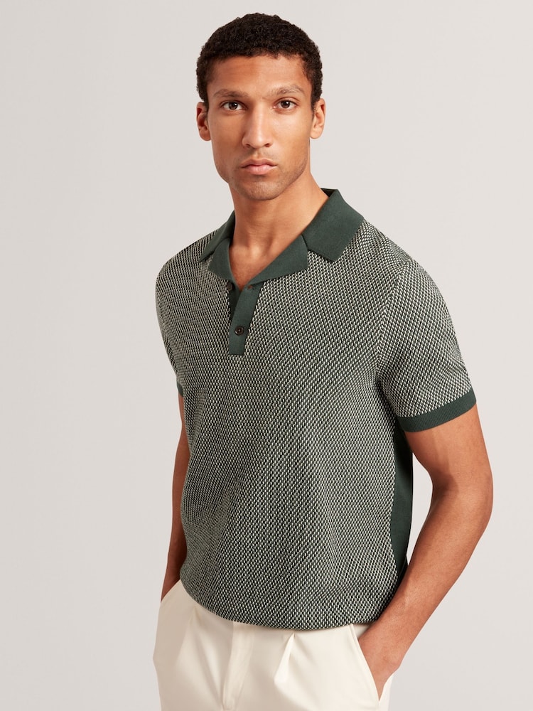 Ted Baker Green Small Gregry Stitch Knitted Polo Shirt - Image 1 of 7
