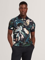 Ted Baker Black Kivem Floral Print Polo Shirt - Image 1 of 7