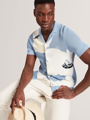 Ted Baker Blue Oversized Gillspi Jacquard Knit Floral Print Shirt - Image 4 of 7