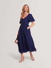 Ted Baker Blue Orlaah Puff Sleeve Ruched Detail Midi Dress - Image 1 of 7