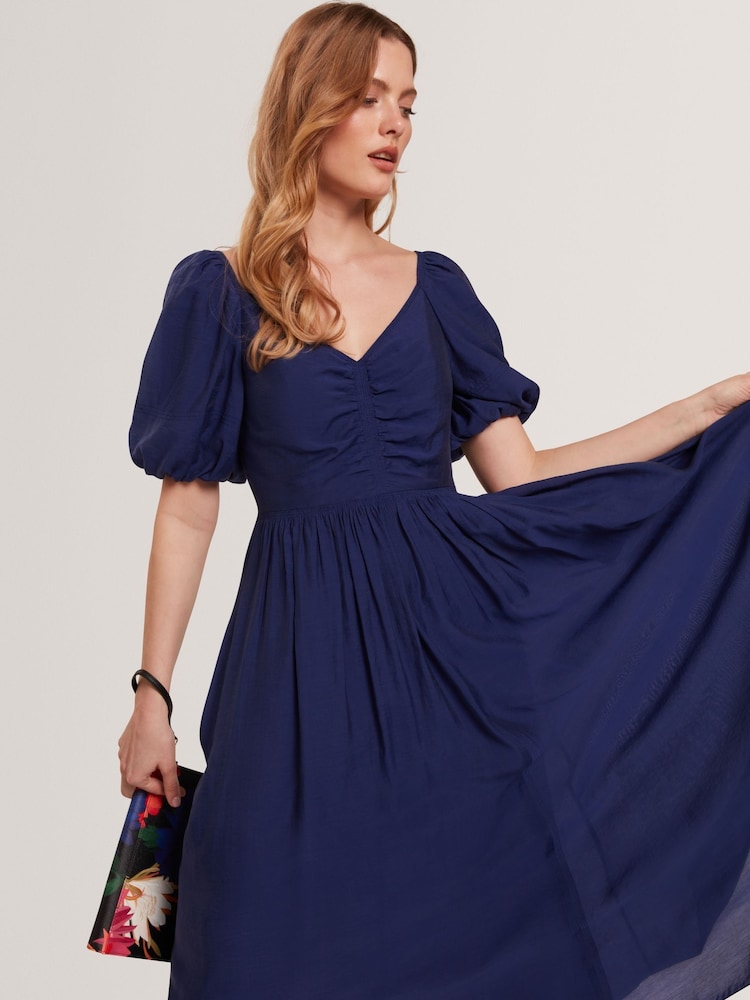 Ted Baker Blue Orlaah Puff Sleeve Ruched Detail Midi Dress - Image 2 of 7