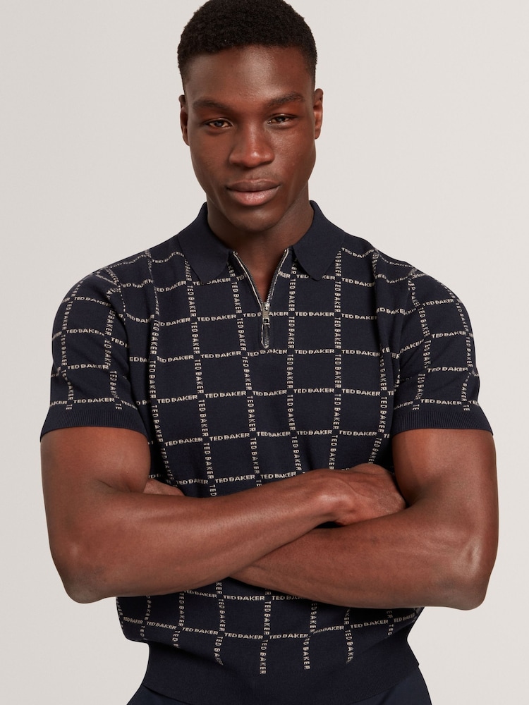 Ted Baker Blue Harlens Branded Check Polo Shirt - Image 1 of 8