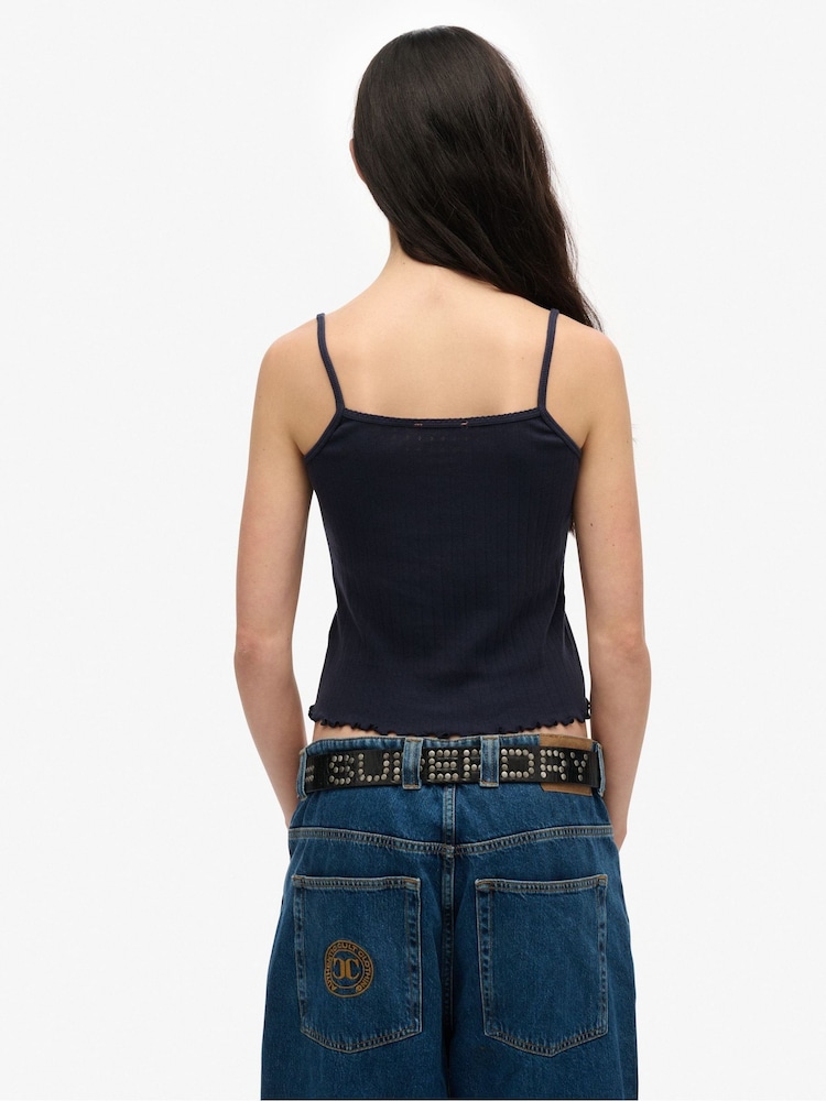 Superdry Blue Athletic Essentials Graphic Pointelle 100% Cotton Cami Top - Image 3 of 5
