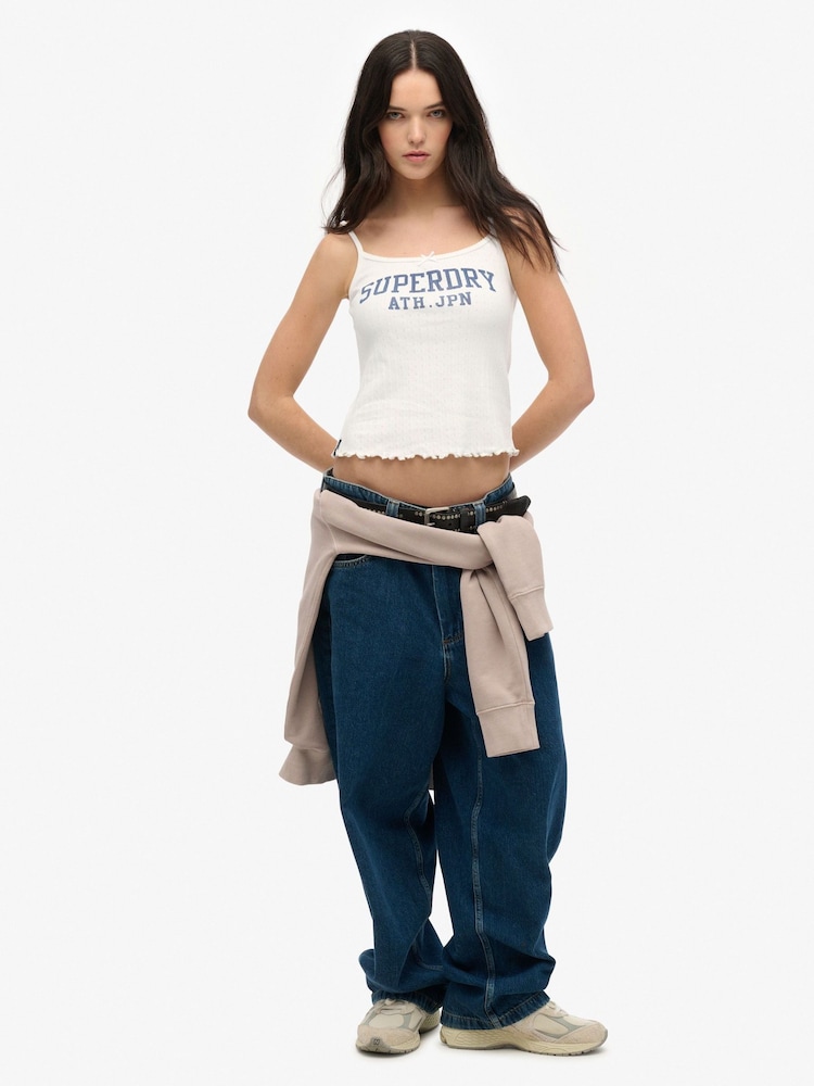 Superdry White Athletic Essentials Graphic Pointelle 100% Cotton Cami Top - Image 1 of 6