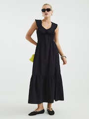 River Island Black Collar Ruffle Shirred 100% Cotton Dress - Image 1 of 4