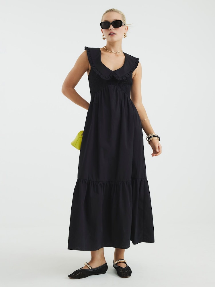River Island Black Collar Ruffle Shirred 100% Cotton Dress - Image 1 of 4