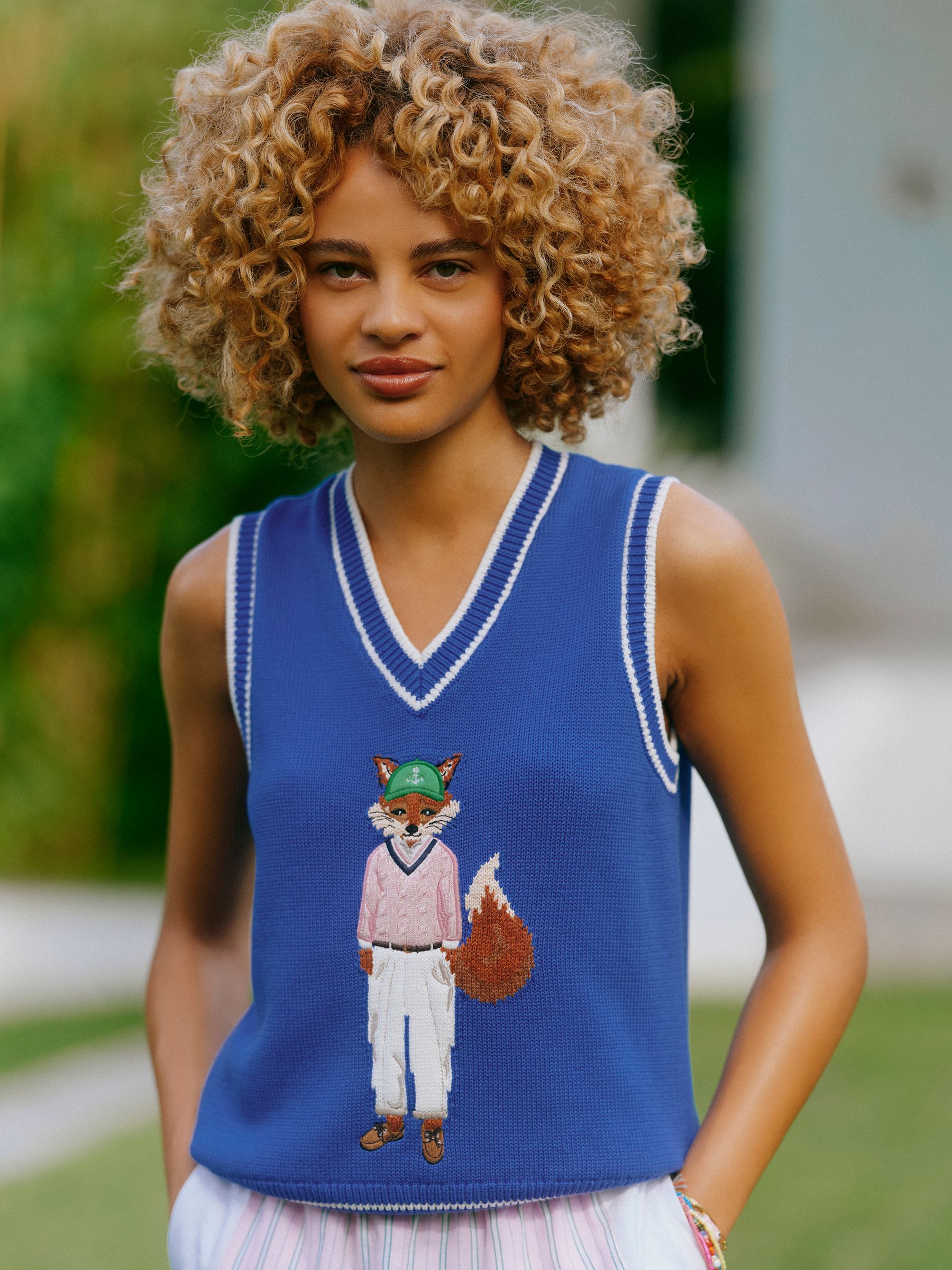 Joules Blue Jonty Fox Intarsia Knitted Cotton Vest