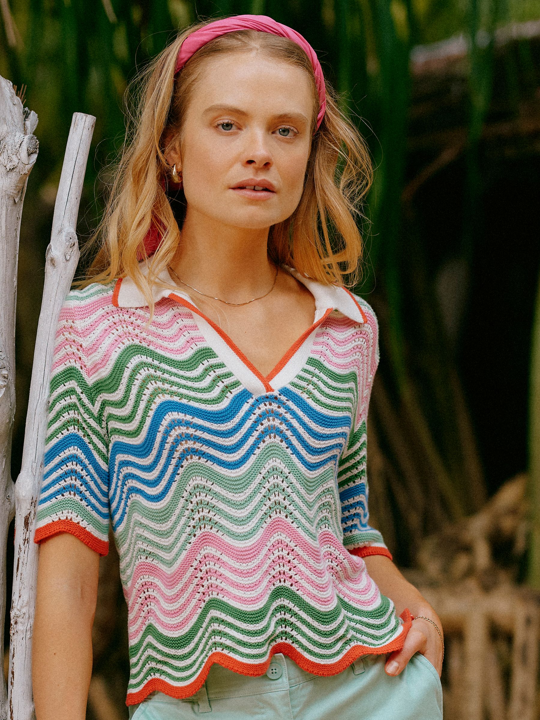 Joules Women's Sandy Cotton Wave Knitted Polo Shirt Multi Medium
