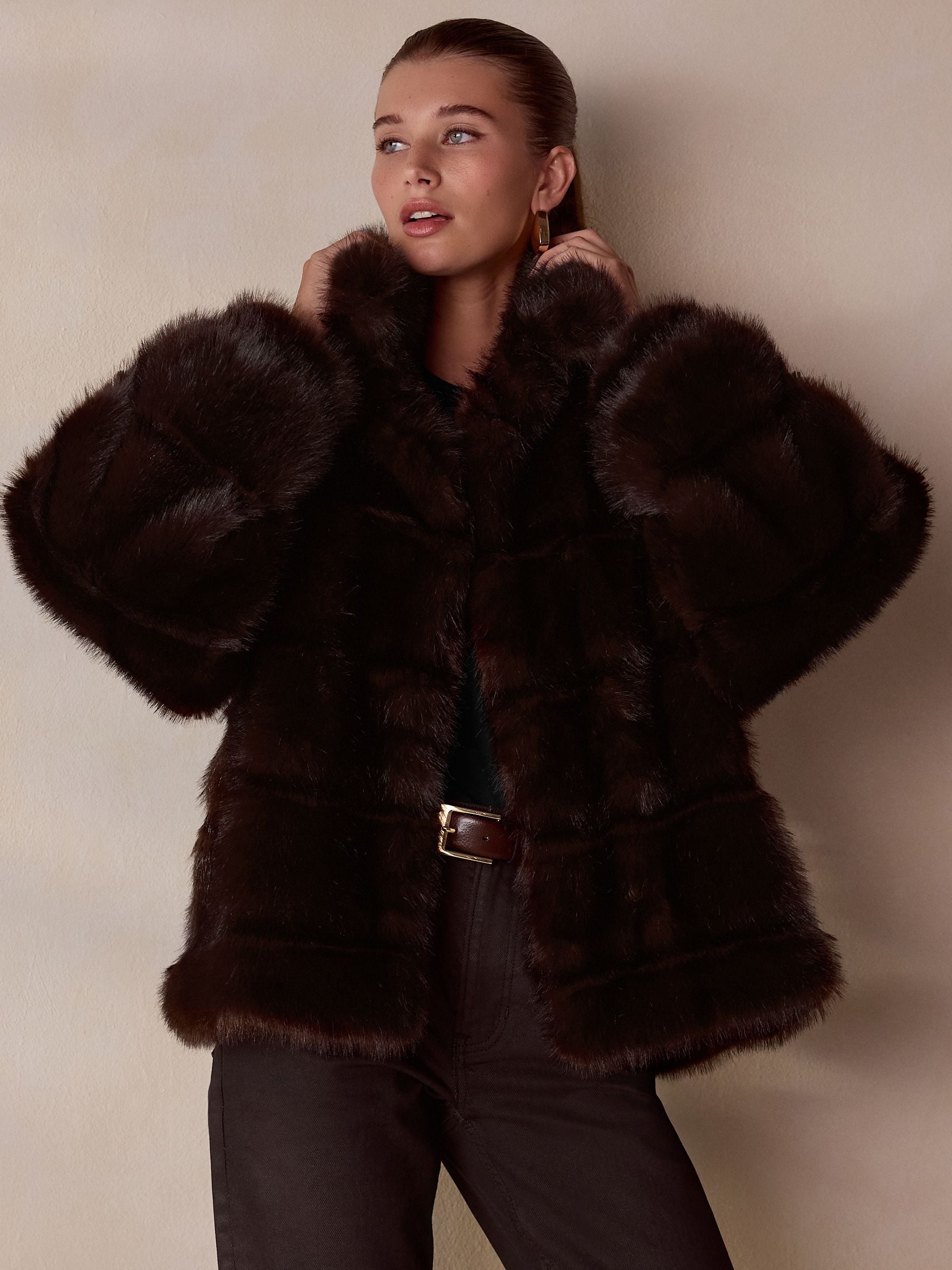 Buy Chocolate Brown N.Premium Vintage Style Faux Fur Coat from