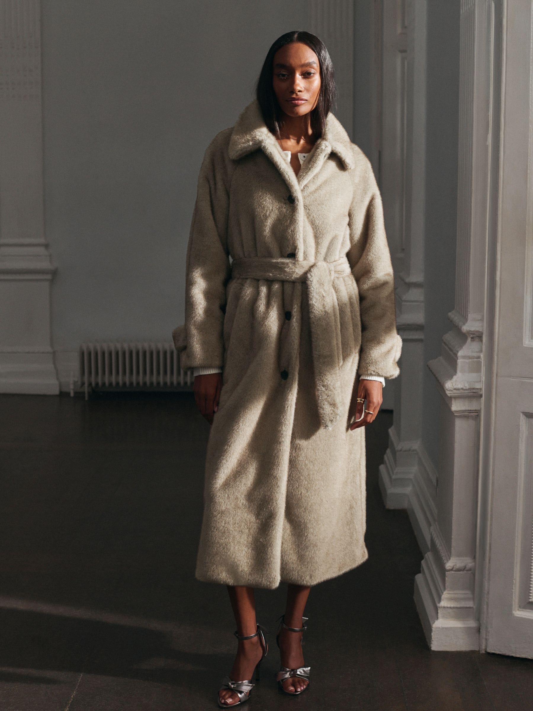 Buy Grey Longline Belted Faux Fur Coat from Next Luxembourg