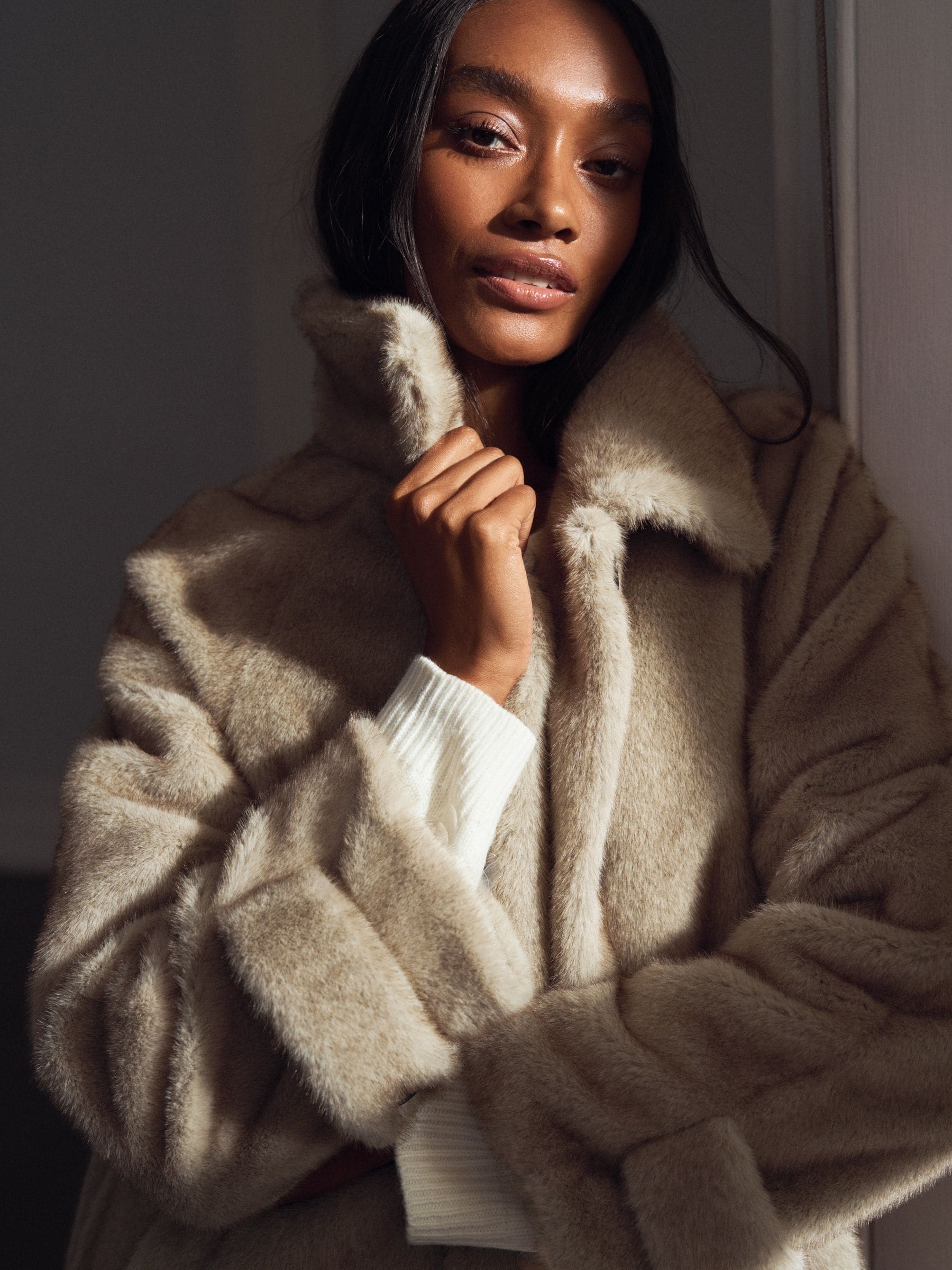 Buy Grey Longline Belted Faux Fur Coat from Next Luxembourg