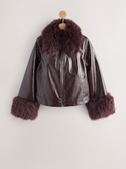 Burgundy PU Jacket with Faux Fur Trims - Image 1 of 3