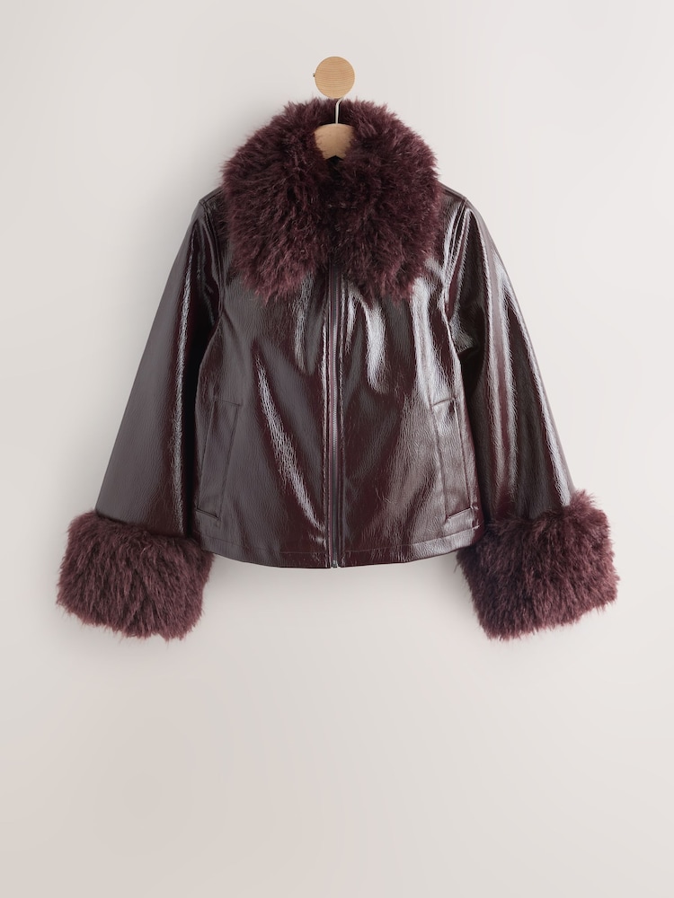 Burgundy PU Jacket with Faux Fur Trims - Image 1 of 3