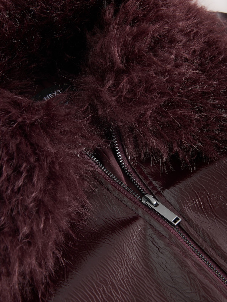 Burgundy PU Jacket with Faux Fur Trims - Image 3 of 3