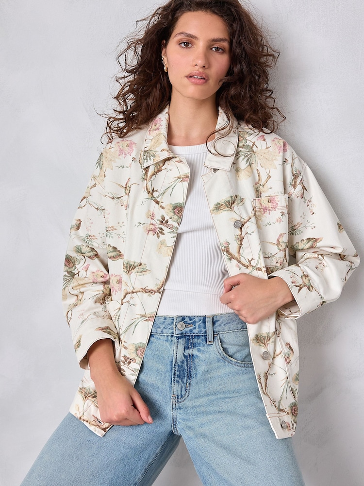 Ecru Bird Print Cotton Worker Jacket - Image 1 of 8