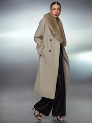 Stone Belted Coat with Faux Fur Detachable Collar - Image 1 of 11