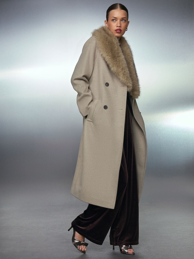 Stone Belted Coat with Faux Fur Detachable Collar - Image 1 of 11