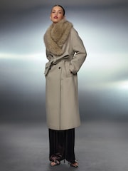 Stone Belted Coat with Faux Fur Detachable Collar - Image 3 of 11