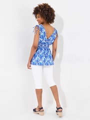 Joe Browns Blue 100% Cotton Printed V-Neck Tie Shoulder Top - Image 4 of 5