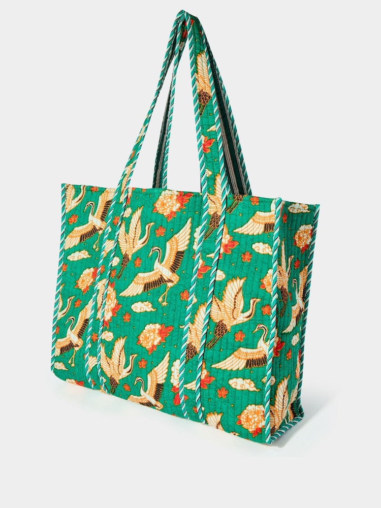 Joe Browns Green 100% Cotton Bird Print Quilted Tote Bag - Image 2 of 5