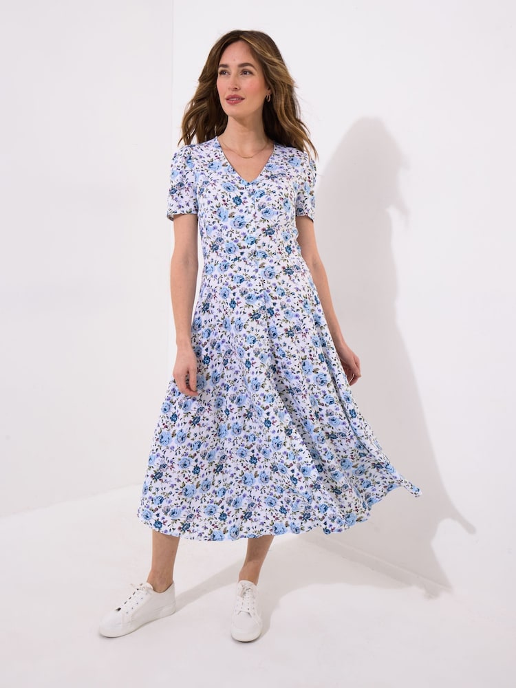 Joe Browns Blue Button Through Ditsy Floral V-Neck Dress - Image 1 of 5