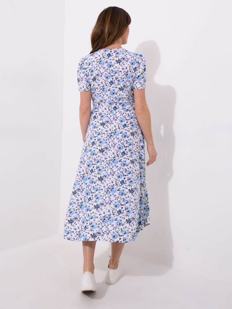 Joe Browns Blue Button Through Ditsy Floral V-Neck Dress - Image 4 of 5