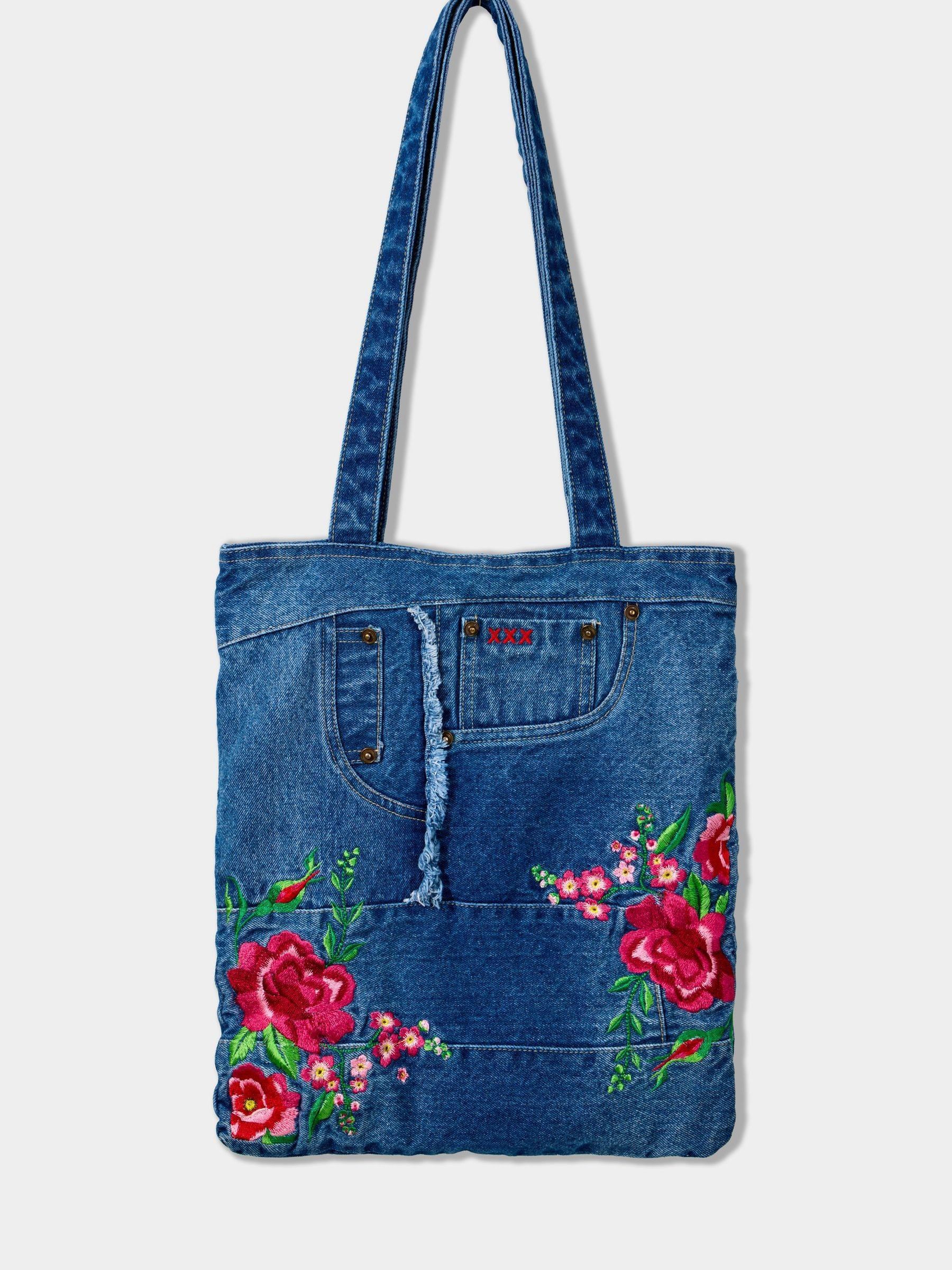 Joe Browns Blue Floral Embroidered 100% Cotton Denim Jeans Bag