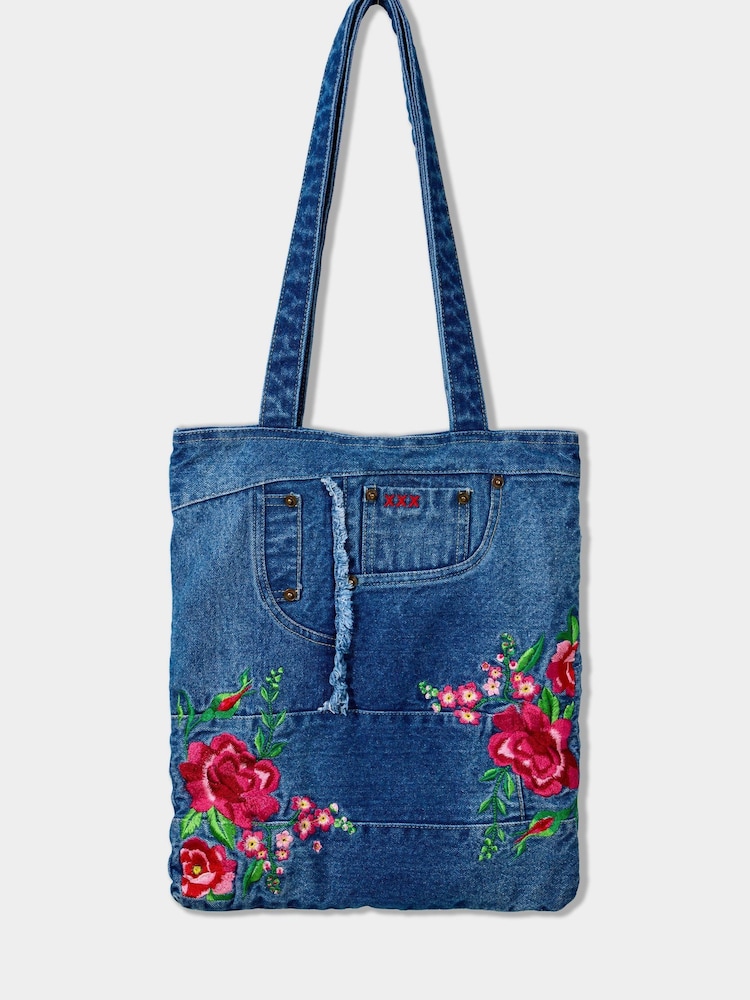 Joe Browns Blue Floral Embroidered 100% Cotton Denim Jeans Bag - Image 1 of 6