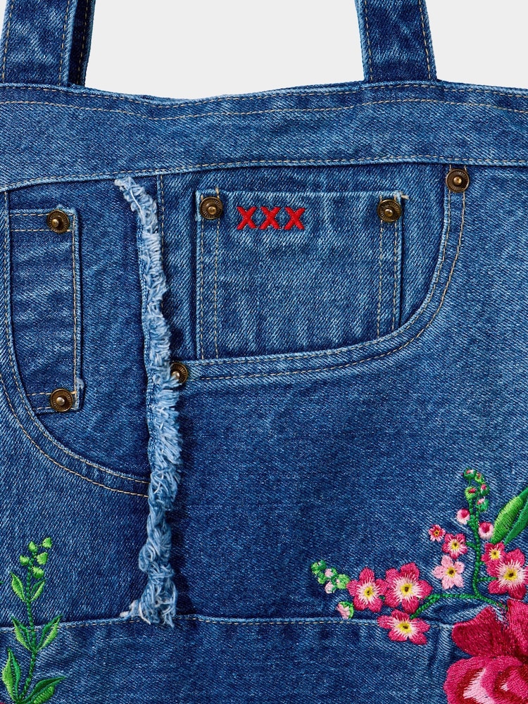 Joe Browns Blue Floral Embroidered 100% Cotton Denim Jeans Bag - Image 4 of 6