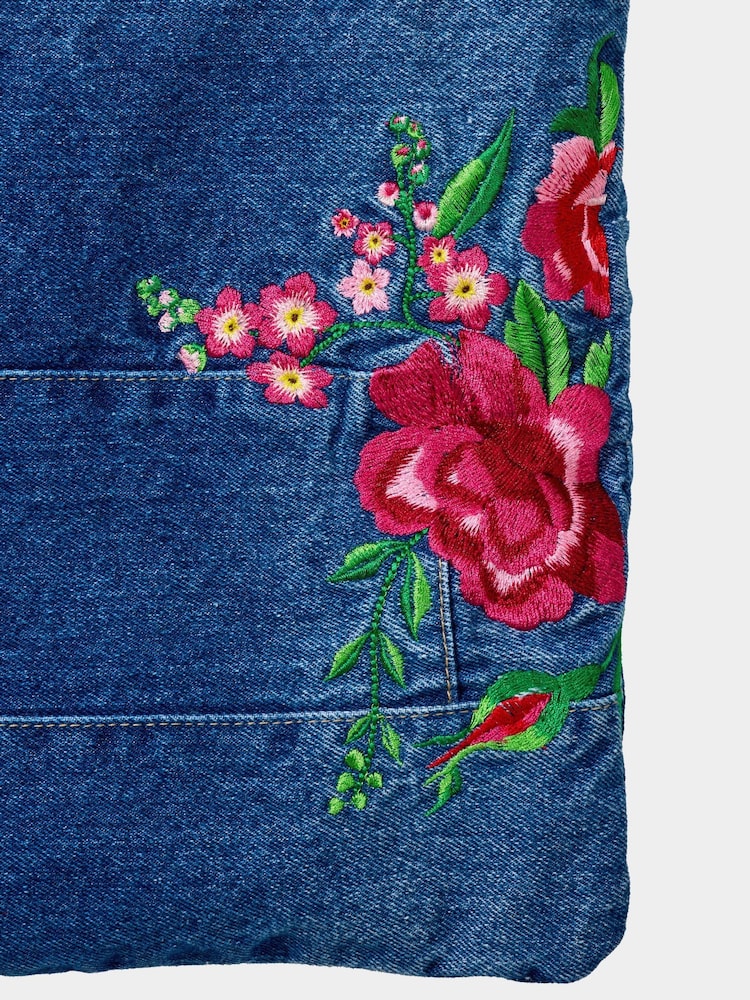 Joe Browns Blue Floral Embroidered 100% Cotton Denim Jeans Bag - Image 5 of 6
