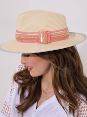 Joe Browns Natural Sequin Band Woven Fedora Hat - Image 2 of 6