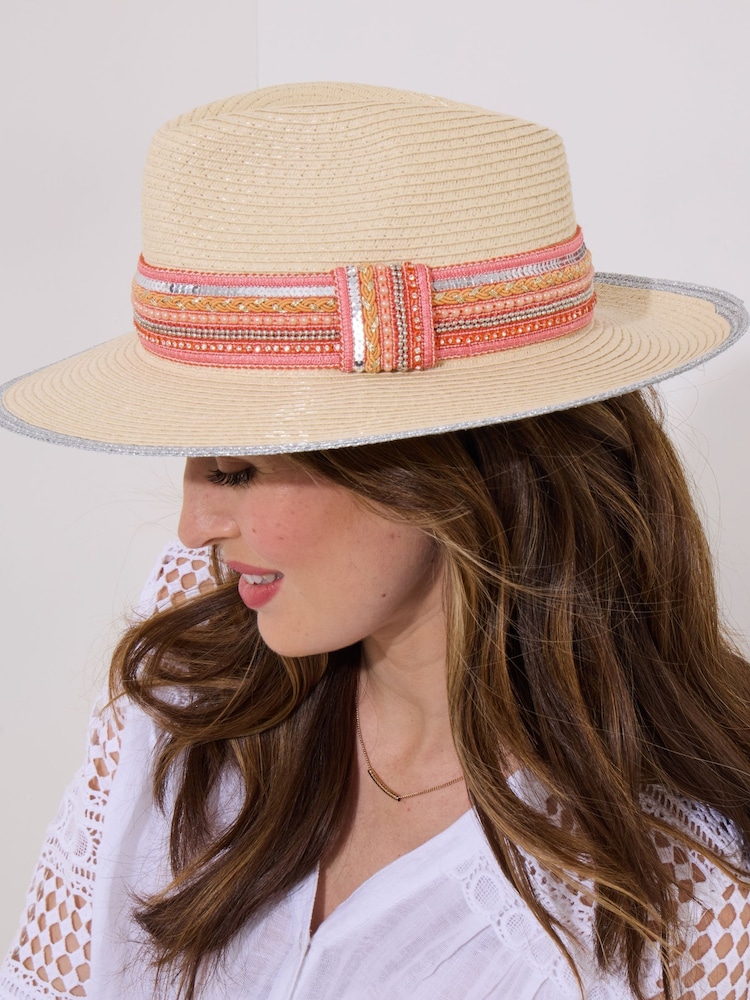 Joe Browns Natural Sequin Band Woven Fedora Hat - Image 2 of 6