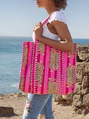 Joe Browns Pink 100% Cotton Tiger Print Quilted Tote Bag - Image 1 of 6