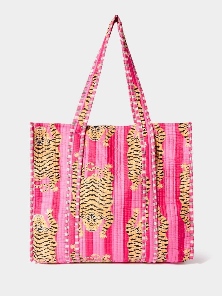 Joe Browns Pink 100% Cotton Tiger Print Quilted Tote Bag - Image 3 of 6