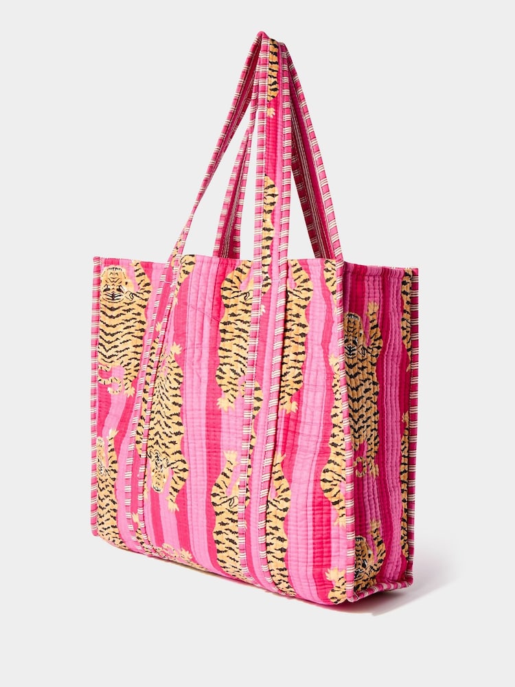 Joe Browns Pink 100% Cotton Tiger Print Quilted Tote Bag - Image 4 of 6